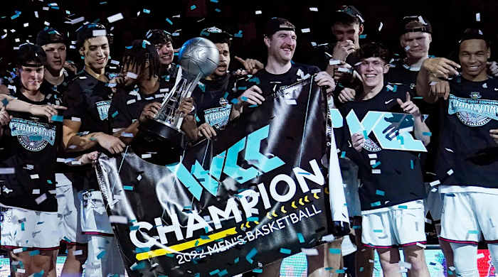 Gonzaga players celebrate after defeating Saint Mary’s in an NCAA college basketball championship game at the West Coast Conference tournament Tuesday, March 8, 2022, in Las Vegas.